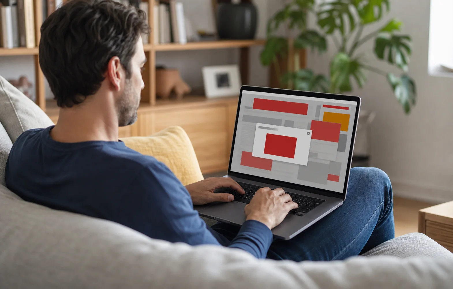A person using a laptop displaying a generic web page crowded by advertising panels